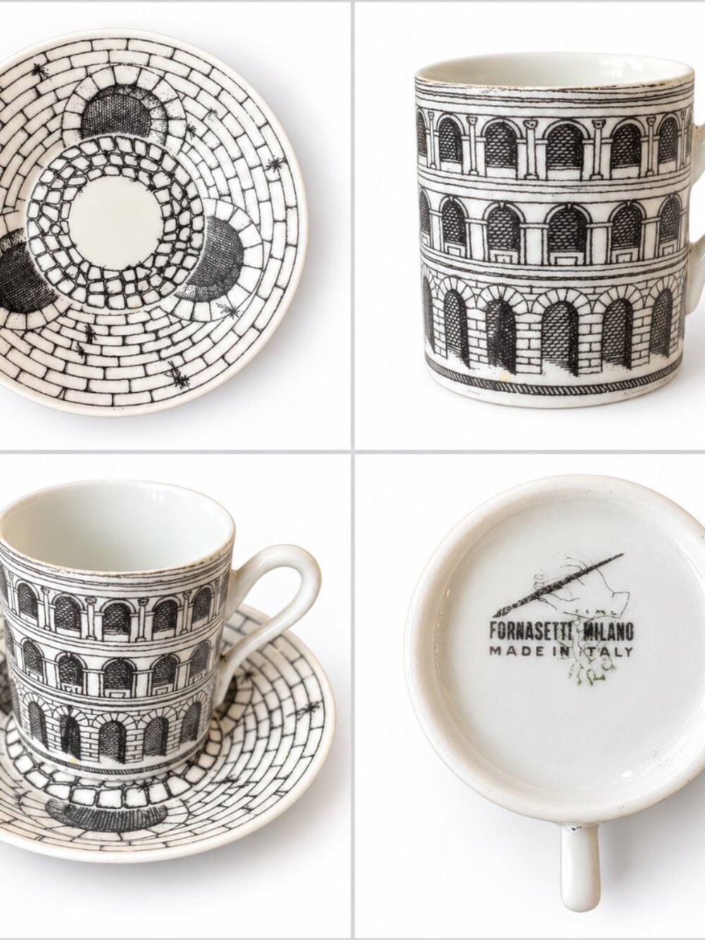 Fornasetti Milano Italy Architectural Espresso Cup Saucer Black White Demitasse